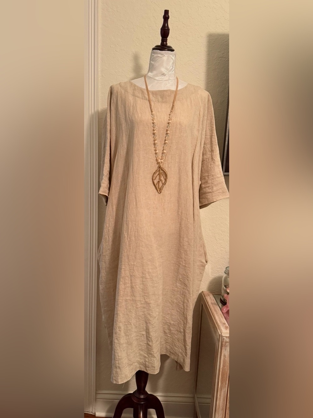 Neutral Colored Textured Linen Relaxed Fit Oversized Dress